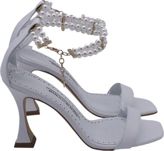 Manolo Blahnik Charona Pearl Ankle Strap Sandal Heels in White Leather