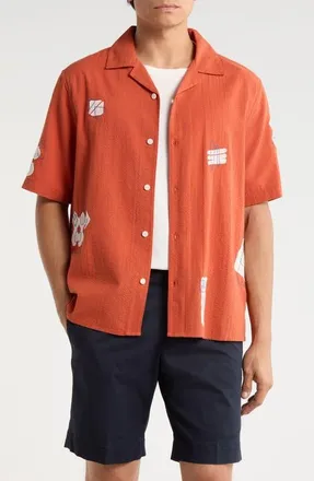 Wax London Didicot Scribble Appliqu&eacute; Cotton Seersucker Camp Shirt in Terracotta/ecru at Nordstrom, Size Xx-Large