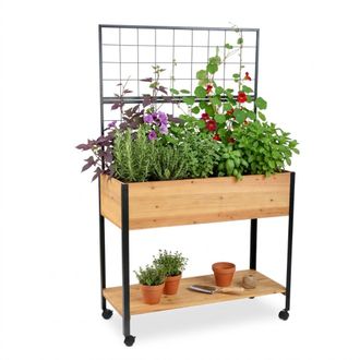 Relaxdays Relaxdays Huerto Elevado Con Enrejado, Estante Y Ruedas, 165&times;102&times;47,5 Cm, Madera Y Acero, Mesa De Cultivo, Natural/negro