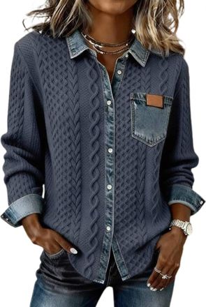 Generic Patchwork Denim Pullover Vintage Knitted Cardigans Tops for Women (Dark Blue XL)
