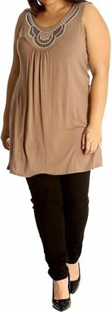 Purple Hanger New Ladies Long Beaded Diamante Sleeveless T-Shirt Tops Womens Scoop Neck Stud Bead Vest Top Plus Size (26-28, Mocha)