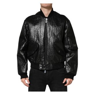 Dolce & Gabbana Bomber Jackets, male, Black, Size: L Cellulose Leather Full-Zip Biker Jacket