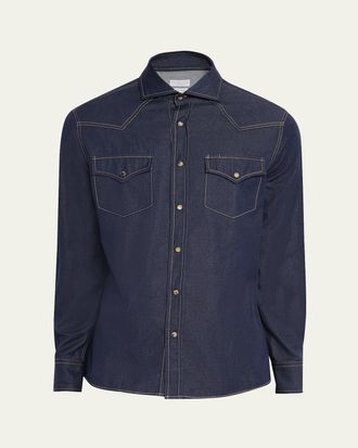 Brunello Cucinelli Mens Denim Snap-Front Western Shirt
