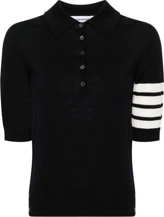 Thom Browne Blauwe Gebreide Poloshirt met Strepen - Dames - Ronde hals truien - Blauw - XS - Wol - Truien & Vesten