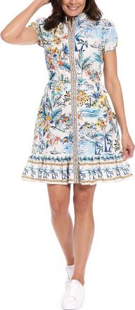 London Times Puff Sleeve Linen Blend Dress in Cream/Blue at Nordstrom Rack, Size X-Large