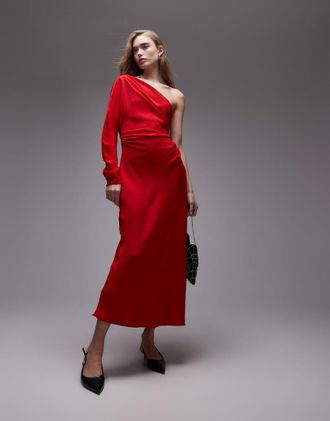 Mango long sleeve one shoulder maxi dress in red