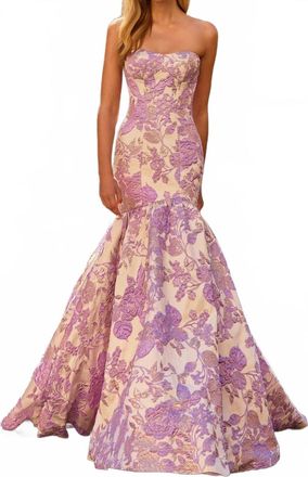 Sherri Hill Floral Brocade Strapless Prom Dress In Lilac