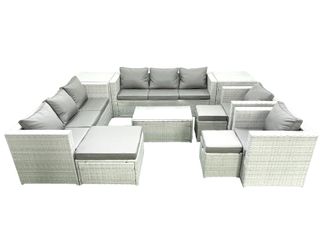 Fimous Outdoor Rattan Sofa Garden Furniture Set with 2 Armchairs Oblong Coffee Table 3 Footstools 2 Side Tables Light Grey Mixed