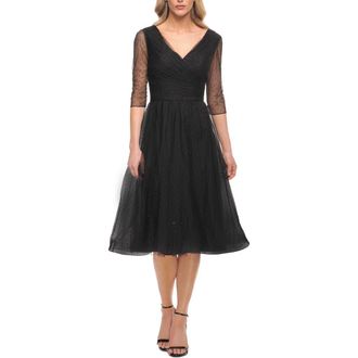 La Femme Tea Length Tulle Dress with Beading and Sheer Sleeve in Black at Nordstrom, Size 12
