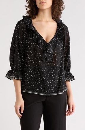 Max Studio Ruffle Front Floral Top in Black/Ivory Polka Dot at Nordstrom Rack, Size X-Large