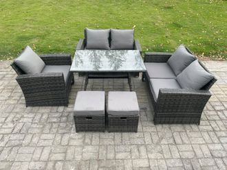 Fimous Wicker PE Rattan Garden Dining Set Outdoor Furniture Sofa with Rectangular Dining Table Love Seat Sofa 2 Small Footstools in Dark Grey
