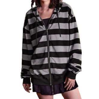 Generic Hoodies for Women Uk Womens Fashion Oversized Zip Up Hoodie Y2K Striped Lightweight Hooded Sweatshirt Gothic Streetwear Pullover Loose Soft Comfy Swea