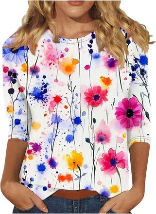 Generic Recent Orders Placed Womens Casual 3/4 Sleeve Blouse UK Summer Fashion Crewneck Tunic Tops Funny Floral Butterfly Polka Dots Print Shirts Dressy Comfy