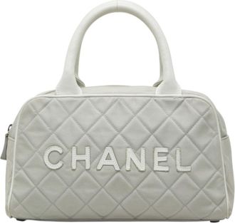 Chanel Gray White Canvas Leather Boston Bag (Pre-Owned)