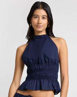 Onia Air Linen Smocked Halter Top in Noir Navy at Nordstrom, Size X-Small