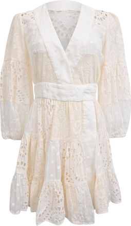 Zimmermann Tiered Embroidered Broderie Anglaise Mini Wrap Dress in White Ramie