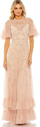 Mac Duggal Ruffled Floral Embellished Flutter Sleeve A-Line Gown