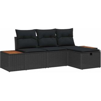 vidaXL Conjunto De Sof&aacute; De Jard&iacute;n 4 Pcs Negro Rat&aacute;n Sint&eacute;tico