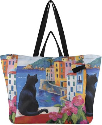 Generic Black Cat Hibiscus Flowers print Reusable Canvas Tote Bag, Heavy Duty Grocery Shopping Bag with Hard Bottom Large Capacity Double Handles Work Groceri