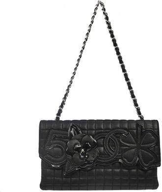 Chanel Camellia No.5 Chain Flap Quilted Lambskin Black Leather Handbag (Pre-Owned)