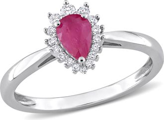 Mimi & Max 1/2ct TGW Pear Ruby 1/8ct TW Diamond Halo Ring 14k White Gold
