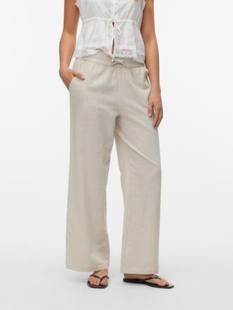 Vero Moda Schlupfhose VERO MODA VMCAIA MW WIDE PANT WVN NOOS, Damen, Gr. L (40), N-Gr, beige (silber lining), Web, Obermaterial: 90% Baumwolle, 10% Leinen, unif