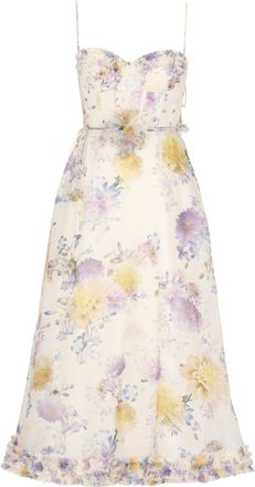 Zimmermann Heart-Neck Midi Dress with Volant Details and Floral Accents