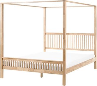 Beliani Cama Con Dosel Minimalista Somier De Madera De Caucho Y Listones Marr&oacute;n Claro 180 X 200 Cm Harfleur