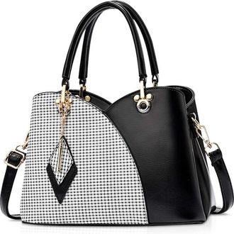 Nicole & Doris Casual Fashion Handbag for Women Top Handle Bag Large Capacity Messenger Bag Check Shoulder Bag Crossbody Bag with Pendant Black