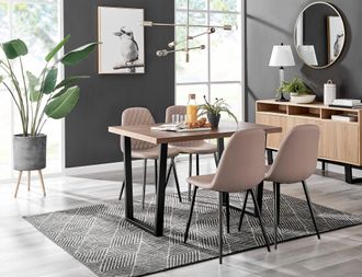 Furniturebox Kylo Brown Wood Effect Dining Table With Black U Legs & 4 Corona Faux Leather Chairs in Beige