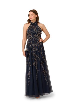 Adrianna Papell Womens Beaded Petal Long Dress - Blue - Size 12 UK