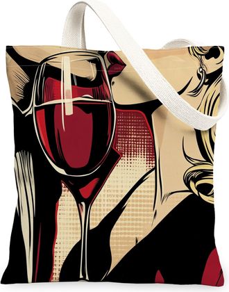 Generic Valentines Day Red Wine Canvas Tote Bag for Shopping 13x15, Vintage Couple Love Romantic Reusable Grocery Print Pattern Bag for Women, Holiday Beach A