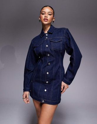Good American Vestito camicia corto in denim blu indaco con bottoni e maniche bombate