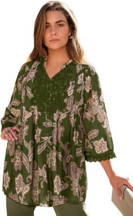 Roaman's Plus Size Juliet Lace Trim Button Down Shirt in Dark Olive Bali Paisley at Nordstrom, Size 38
