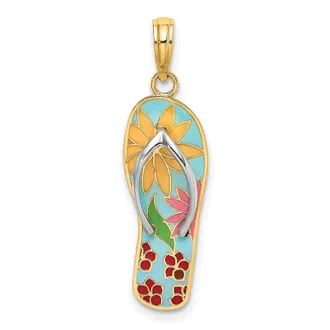 Diamond2Deal 14k Yellow Gold Rhodium Multi-Colored 3D Enamel Fuschia Flowers On Flip-Flop Charm