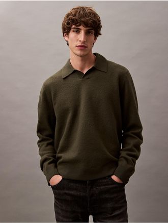 Calvin Klein Mens Boiled Wool Polo - Green - XS