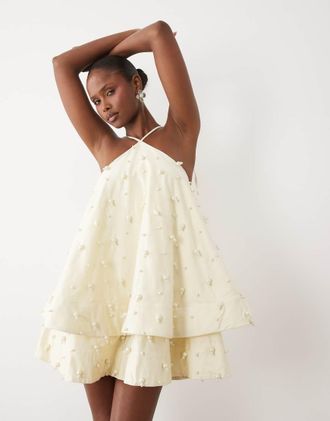 Asos Vestito corto allacciato al collo color crema con perline decorative-Bianco