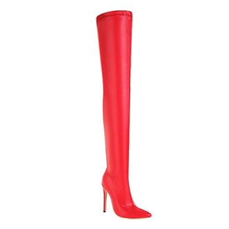 Generic Red,3.5 UK,Womens Over The Knee Boots Leather PU Pointed Toe Stiletto High Heel Thigh High Boot Side Zipper Fall Comfy Long Boot Party Dress Shoes
