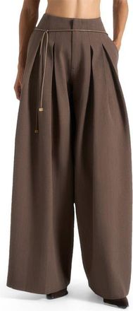 Mani&egrave;re De Voir Flora Box Pleat Wide Leg Belted Trousers in Brown at Nordstrom, Size 10
