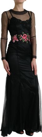 Dolce & Gabbana Womens Floral Embroidery Mesh Tulle Dress Black Nylon Cotton Silk