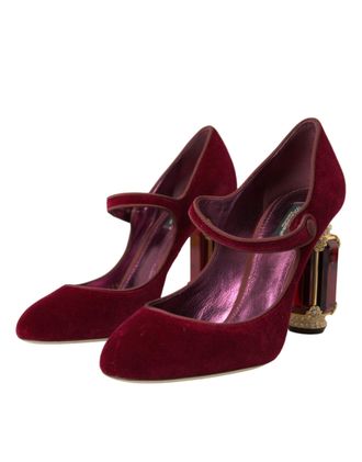 Dolce & Gabbana Womens Red Velvet Gold Crystals Heels Mary Jane Shoes Bordeaux Cotton Viscose