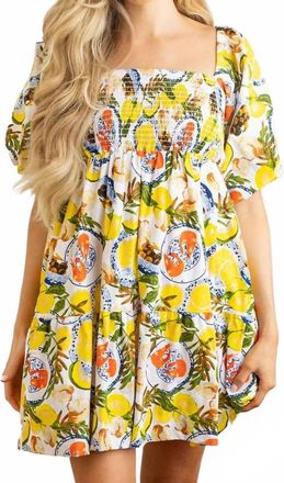 8 Oak Lane Puff Sleeve Smocked Mini Dress In Lemon Santorini