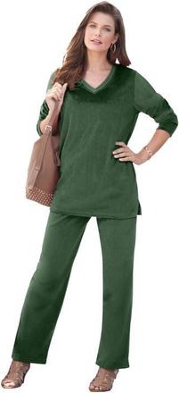 Roaman's Plus Size Two Piece V Neck Velour Set in Midnight Green at Nordstrom, Size 40
