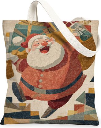 Generic Christmas Santa Canvas Tote Bags, Retro Holiday Art Pattern Reusable Grocery Bags, Lightweight Washable Shoulder Strap Canv, Beige, 13x15 Inch