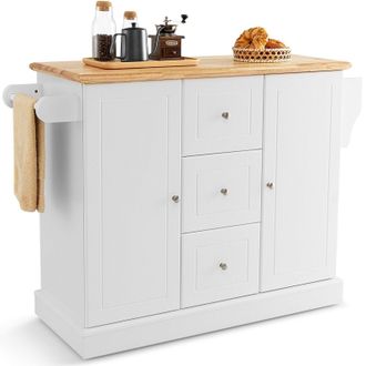 Costway Costway Kitchen Island Storage Trolley Rolling Cart Cupboard 3 Deep Drawers 2 Doors in White