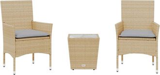 vidaXL Mesita Y Sillas Con Cojines 3 Pzas Rat&aacute;n Sint&eacute;tico Vidrio Beige Vidaxl