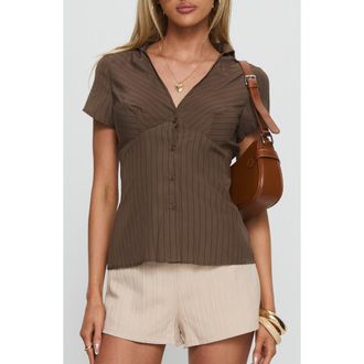 Princess Polly Life Begins Short Sleeve Shirt in Brown Stripe at Nordstrom, Size 0