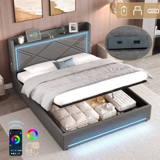 Matteo 5ft King Linen Upholstered Ottoman Bed Frame with Storage & LED in Grey