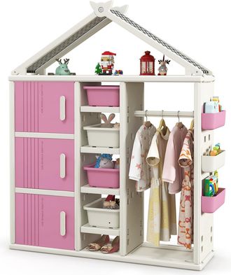 Costway Costway Armadio Per Bambini, Organizzatore A Forma Di Casa Con 1 Lavagna, 3 Armadietti, 4 Cestini, 3 Cubi Chiusi E 3 Cestini Laterali, Armadietto Salv