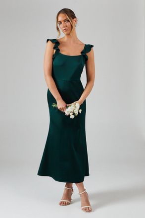 Oasis Womens Ruffle Square Neck Satin Bridesmaids Midi Dress - Emerald - Size 10 UK